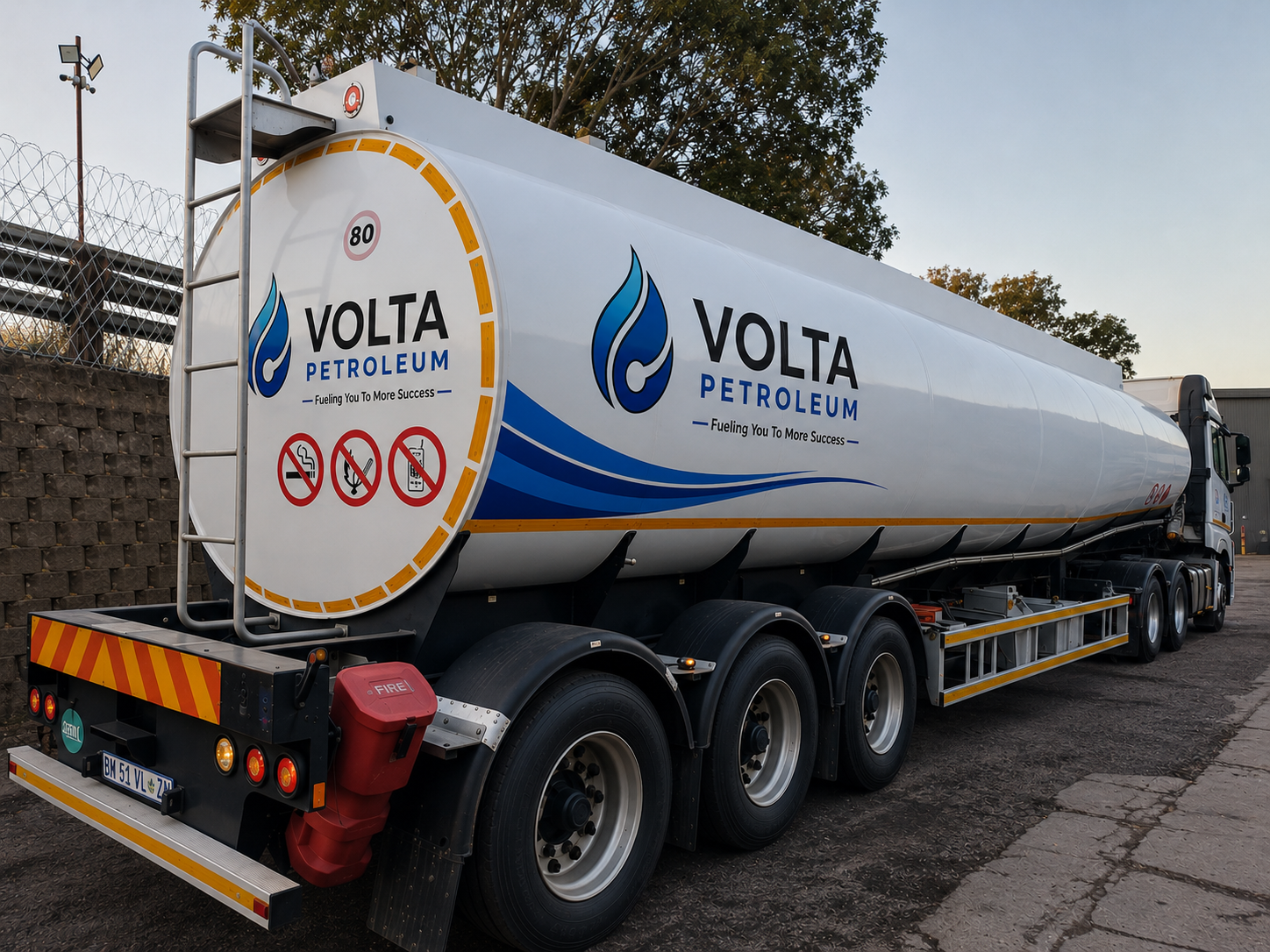 Rear view of Volta Petroleum tanker trailer